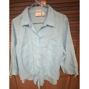 Chico 100% Linen Button Down Shirt Blue Tie Front‎ 3 No Iron Lightweight Casual